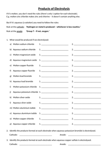 Predicting Products of Electrolysis Aqueous Solution Practice Worksheet
