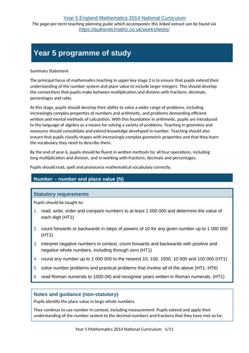 Year 5 maths curriculum extract for planning guide