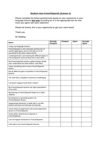 MFL Student Voice / Pupil Survey questionnaire