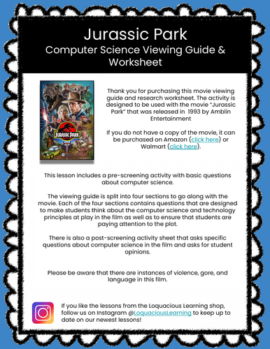Jurassic Park Computer Science Movie Viewing Guide & Worksheets