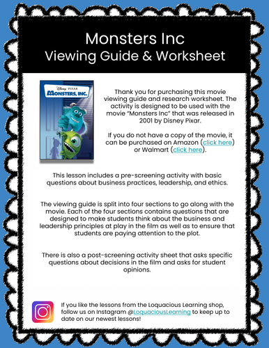 monsters inc movie viewing guide worksheets business leadership ethics teaching resources