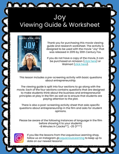 Joy Movie Viewing Guide & Economics, Business, Entrepreneurship Worksheet
