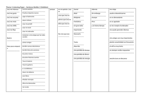 Y11 2021 Theme 1 Listening Test Sentence Builder Hobbies