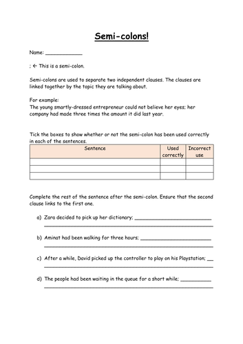 Grammar: Semi-Colons (Year 5/6)