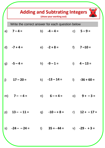 Adding And Subtracting Integers With Answers Teaching Resources