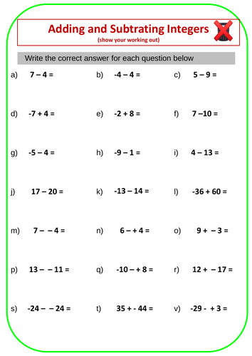 Adding and Subtracting Integers with Answers