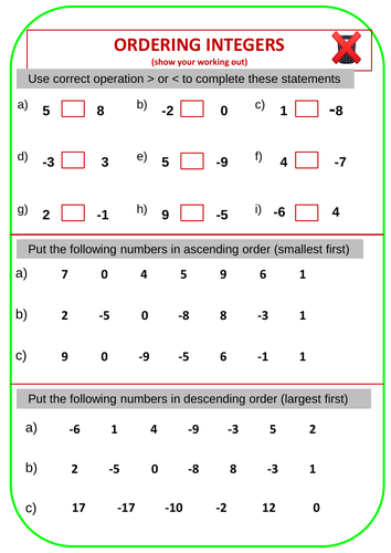 Ordering Integers Worksheets with Answers