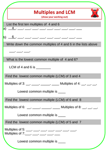 Multiples and LCMs Worksheets with Answers