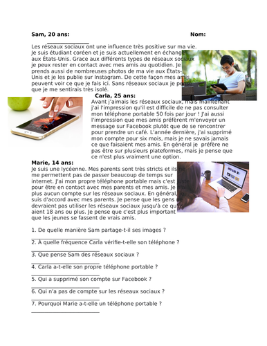 Les Réseaux Sociaux Lecture: Social Media and Technology French Reading