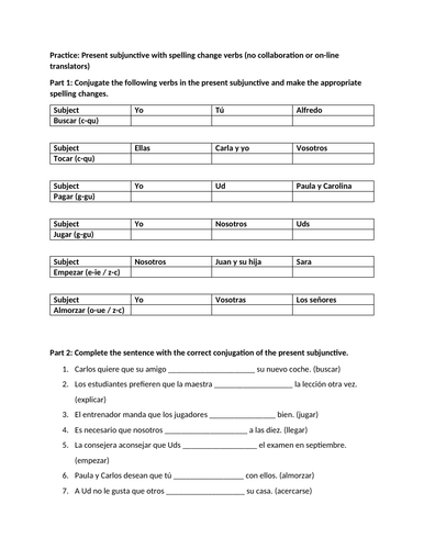 Present Subjunctive With Spelling Change Verbs Teaching Resources