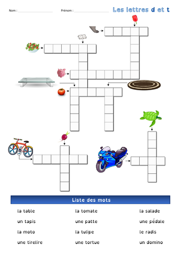 [French, basics 1st & 2nd grade] Crossword - Letters d and t