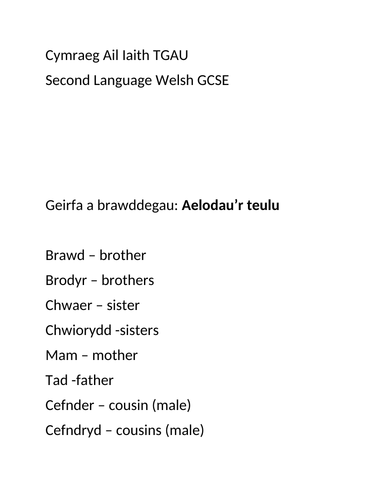 Second Language Welsh GCSE revision sheet Aelodau'r teulu