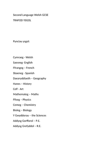 second language Welsh GCSE : Topic School; list of school subjects and phrases