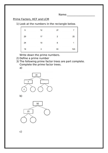 prime factors hcf and lcm worksheet teaching resources