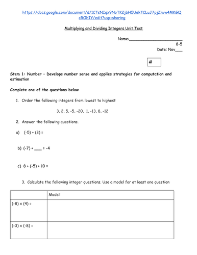 Multiplying and Dividing Integers Unit Test