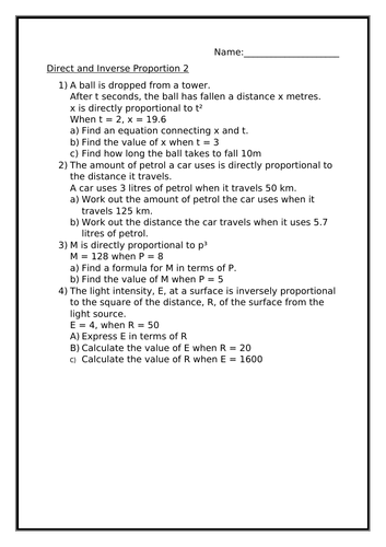 DIRECT AND INVERSE PROPORTION WORKSHEET | Teaching Resources