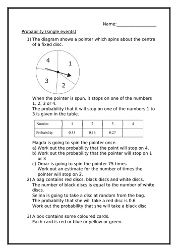 PROBABILITY (SINGLE EVENTS) WORKSHEET | Teaching Resources