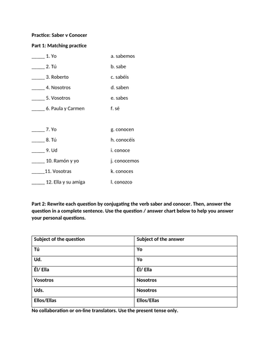 Saber conocer matching and practice