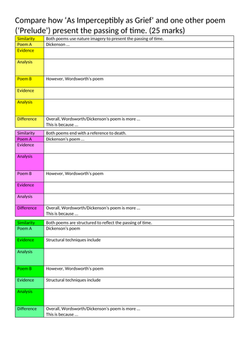 Writing frame for comparing As imperceptibly as grief with Prelude.