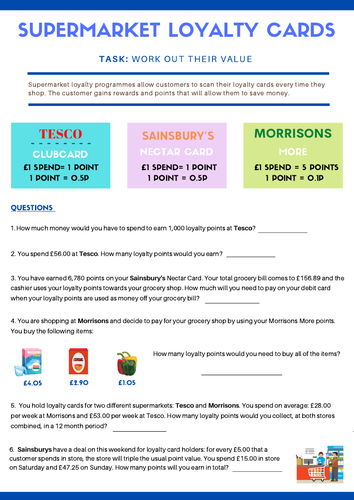 Finance / Math Supermarket Loyalty Card Worksheets and Answer Sheet.  Work out the Value Tasks