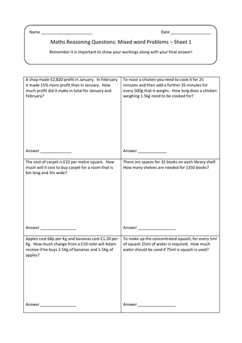 KS2 - Year 6 Maths Reasoning Questions (word problems)