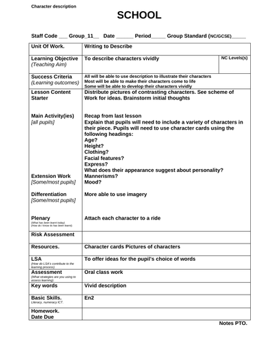 Character Description Lesson plan | Teaching Resources
