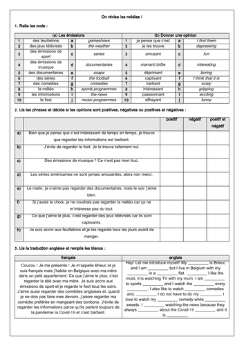 French TV Film Media Revision Worksheet