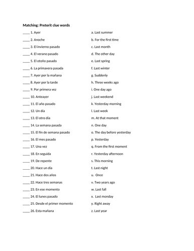Preterit clue words matching practice