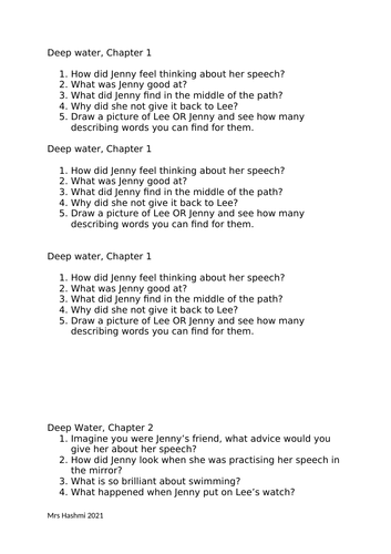 Deep Water - Skinny Novel - Comprehension Questions