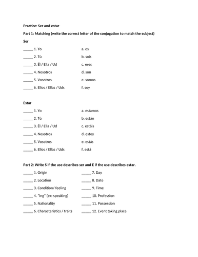 Practice on ser and estar