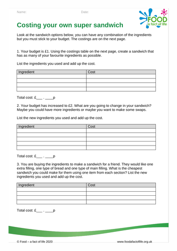 Costing your own super sandwich worksheet