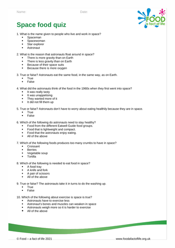 Space food quiz and answers
