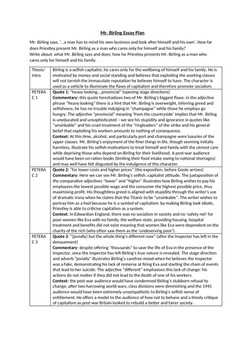 Mr. Birling Essay Plan 'An Inspector Calls'