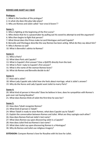 Romeo and Juliet Act 1 Comprehension Questions