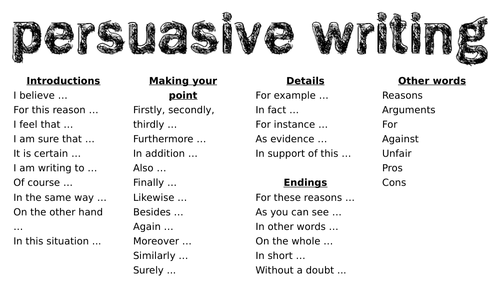 Persuasive writing placemat