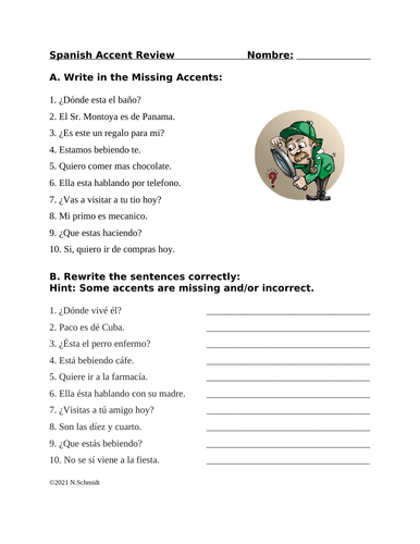 Spanish Accents Review: Find the Mistakes Worksheet (20 Questions)