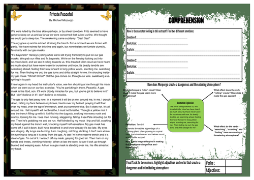 Private Peaceful - Reading Comprehension Worksheet.