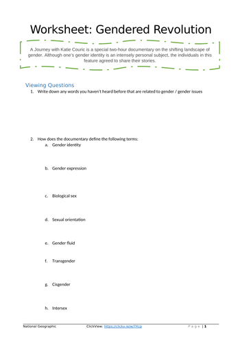 Social and Community Studies - Gender and Identity - Worksheet for Gender Revolution documentary