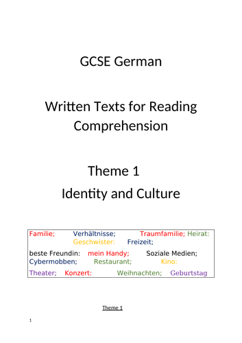 Reading Comprehension Tasks GCSE  German Theme 1 Identity and Culture