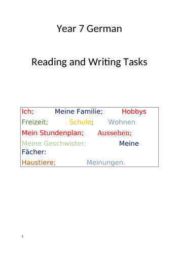 Year 7 German Reading Comprehension tasks
