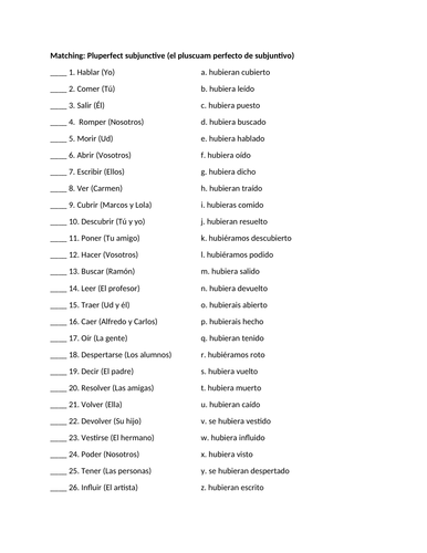 Pluperfect subjunctive matching practice