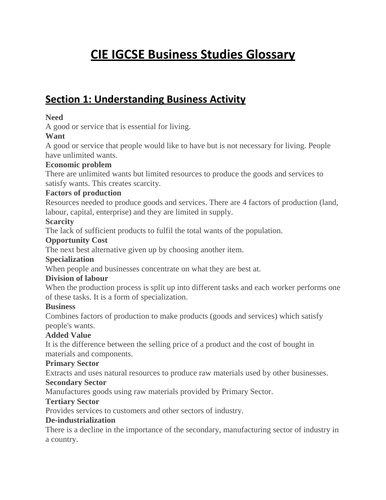 IGCSE Business Studies Glossary