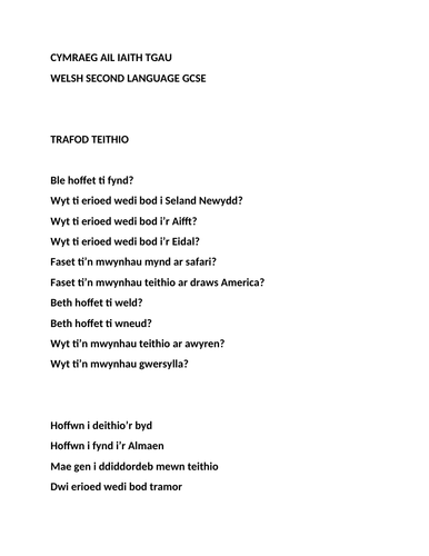 Second Language Welsh revision sheet GCSE TEITHIO ymarfer trafod /adolygu