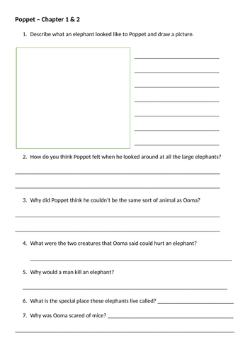 Poppet - skinny novel - reading comprehension worksheets