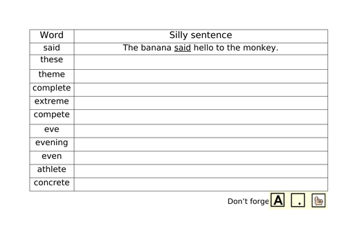 Silly Sentences Spelling Grid