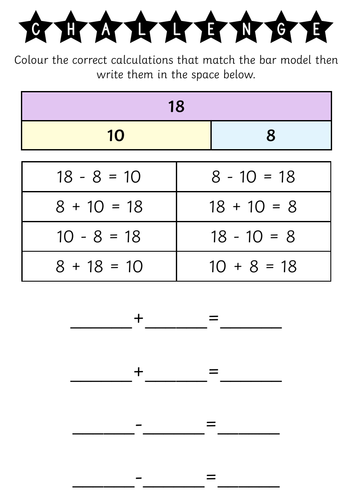 Year 1 Subtraction Bar Model Find the Missing Number Differentiated Worksheets + EXTENSION CHALLENGE