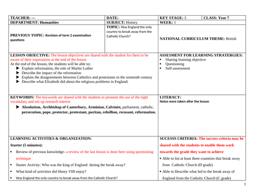 History Lesson Plan for 8 weeks for KS3