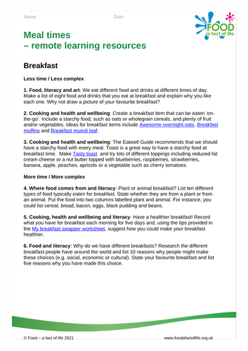 Remote learning resources for different meal times