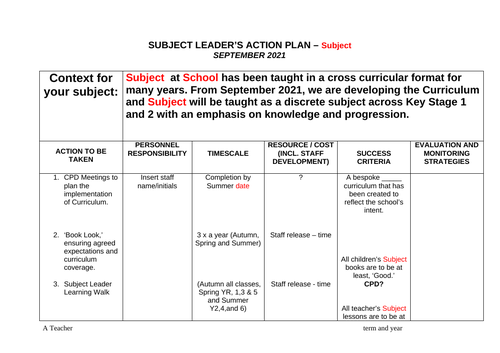 Generic Subject Leader Action Plan