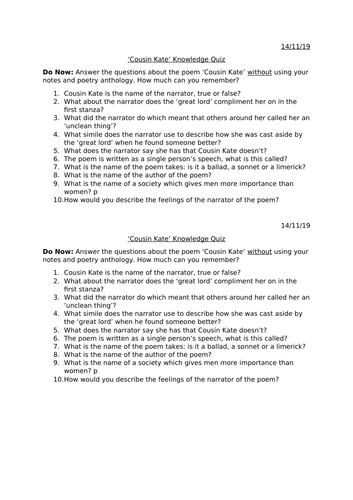 Cousin Kate quiz